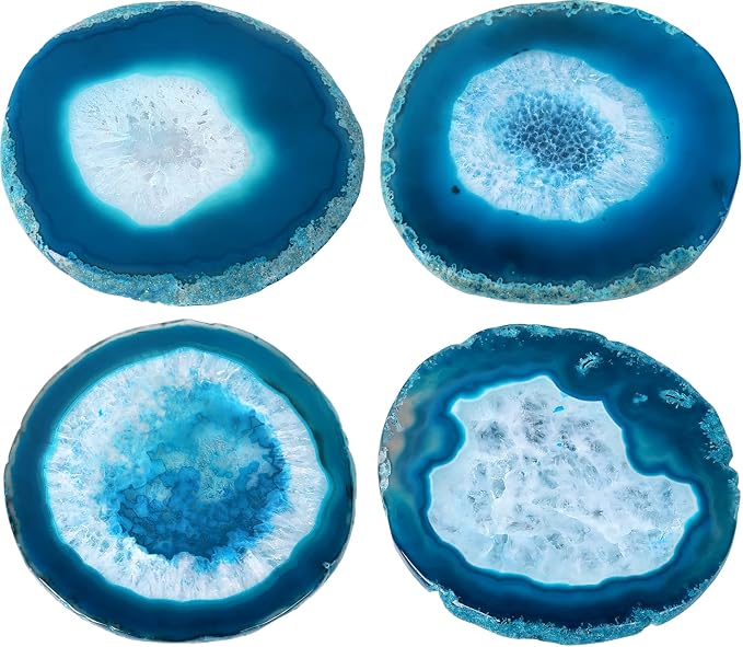 Blue Geode Agate Coasters for Drinks Set of 4 | Natural Stone Coasters 3.5-4", Decorative Gemstone Coasters for Coffee Table, Bar or Desk, Housewarming Gift for Friends