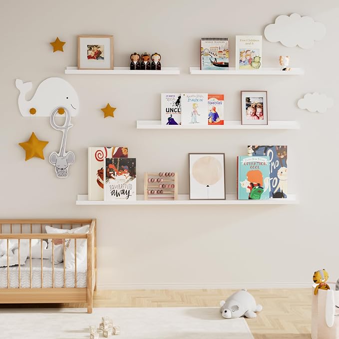 Fun Memories Picture Ledge Shelf, 32 Inch Floating Shelves Set of 2, Large Nursery Book Shelves for Toys Storage, Kids Bookshelf Wall Mounted for Wall Decor Books Photo Frames, White