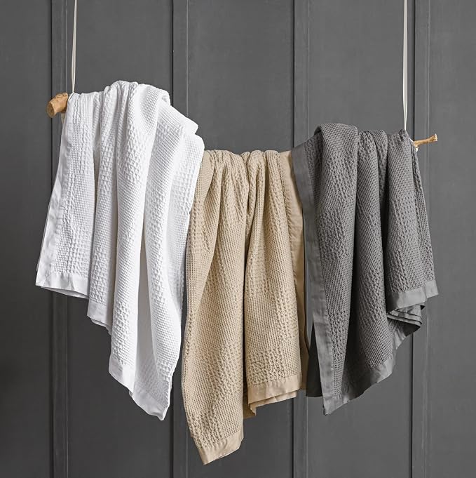 meadow park Cotton Waffle Blanket with Cotton Sateen Binding - Full/Queen Size - Lightweight and Breathable - Washed Waffle Throw - White Color.