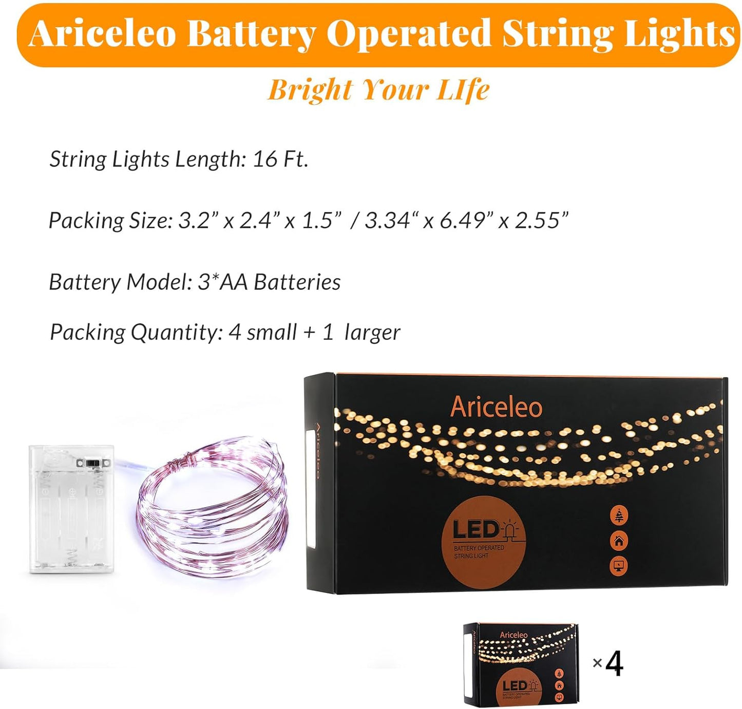 Led Fairy Lights Battery Operated, 4 Packs Mini Battery Powered Copper Wire Starry Fairy Lights for Bedroom, Christmas, Parties, Wedding, Centerpiece, Decoration (5m/16ft Cool White)