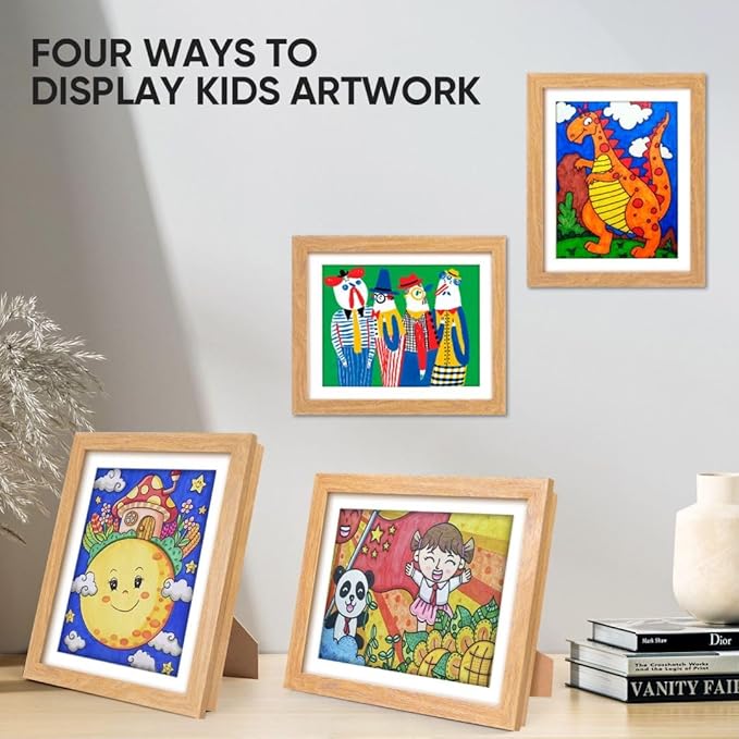 [4-Pack] Kids Artwork Frames Changeable - Kids Art Frame,Front Opening Holds 150,Children Art Projects Kids Art Frames,10x12.5 Picture Frame for Display Kid Art Work,With Storage(Wood)
