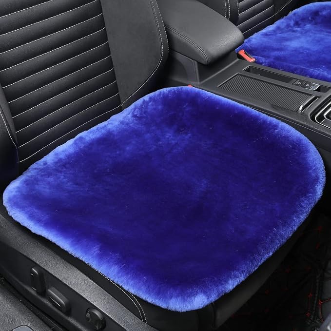 OGLAND Fuzzy Genuine Sheepskin Car Seat Cover for Women Fluffy Cushion Auto Interior Accessories with Soft Wool Natural Fur (Blue, Front 20 * 20inchs)