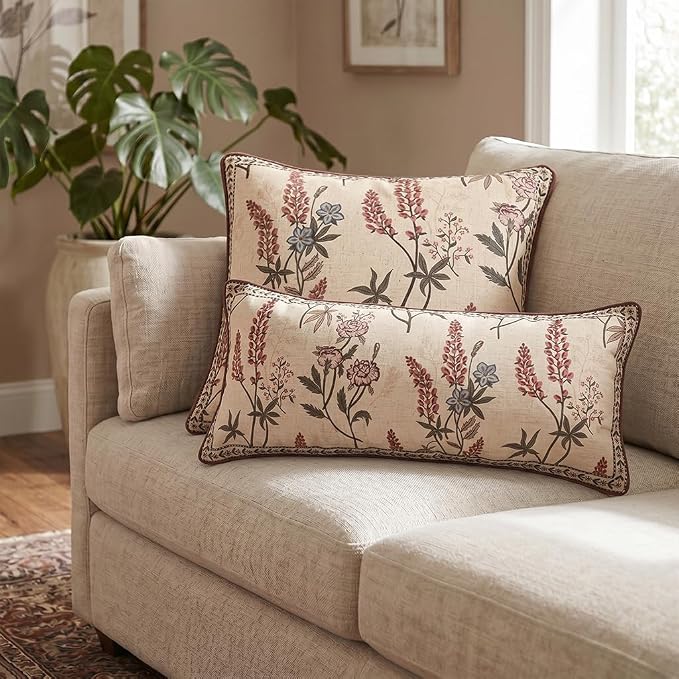 ISAENNE Designer Linen Throw Pillow Cover,Set of 2,28"x12"-Helena A | Elegant French Rectangle Pillow Cover,Concealed Zipper Design,Floral Pattern,Sofas,Bedroom,Living Room,Lounge Chairs