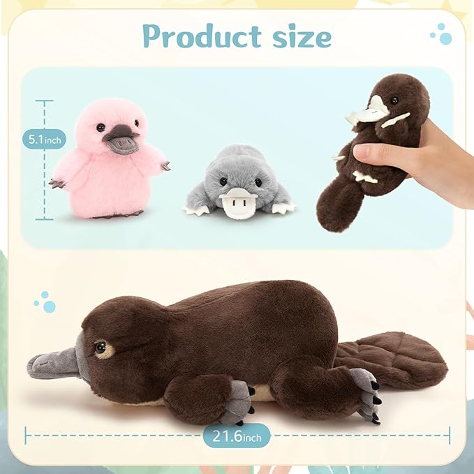 MorisMos 22inch 4Pcs Giant Platypus Plush, Mommy Platypus Stuffed Animals with 3 Baby, Large Realistic Plush Gifts Kids Boys Girls, Brown
