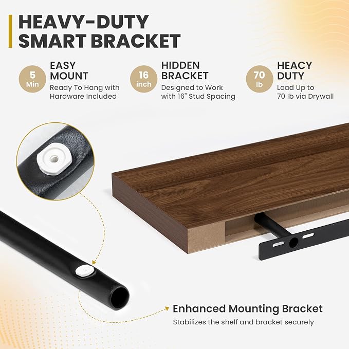 Acovy 40 Inch Floating Shelves, 9.3" Deep Floating Shelf Wall Mounted, 40" Wall Shelves, Rustic Deep Bookshelf, Large Display Shelves & Storage Shelves for Bedroom, Living Room, Walnut, Set of 2