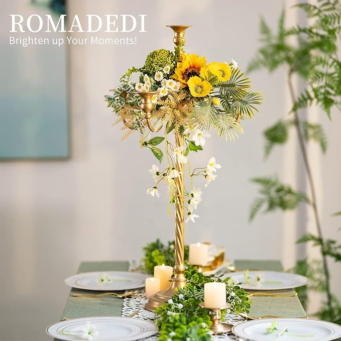 Romadedi Gold 5-Arm Candelabra for Taper Candles, 28 in, Pack of 2 | Metal Candlestick Holders with Curved Branches for Wedding Centerpiece, Reception, Dining Table, and Christmas Decor.