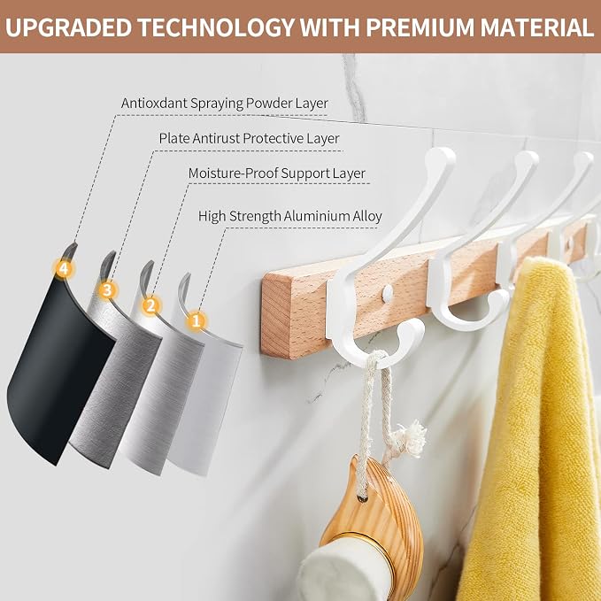 Coat Rack Wall Mounted, Heavy Duty Beech Wood Hook Rack Rail with 5 Double Dual White Metal Wall Hooks for Hanging Coats, 19.7" Long Hanging Coat Hanger for Entryway, Bathroom, Bedroom