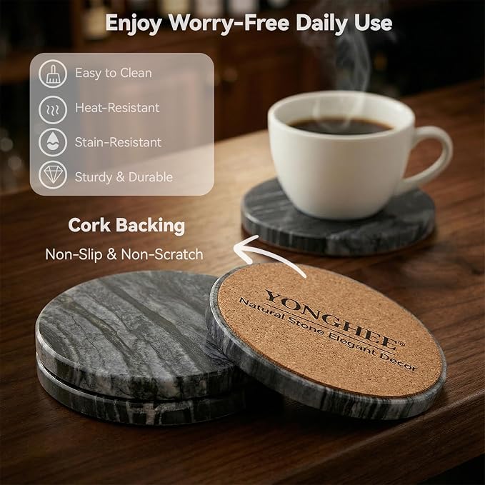 Black Marble Coasters Set of 6, Elegant Black & Dark Gray Coasters for Coffee Table, 4" Round Polished Black Stone Coaster with Unique Veins – Heat Resistant, Non-Slip, Housewarming Gift