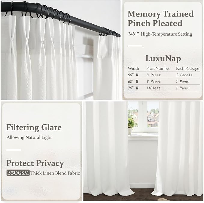Snow White Pleated Linen Curtains 84 Inches Long for Sliding Glass Doors, Memory Shape Light Filtering Thick Viral Curtain Semi Sheer Privacy Bedroom Decorative Windows Drapes 7 FT Length 2 Panels Set