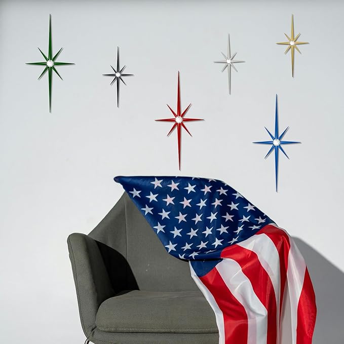 4 Pack Metal Star Wall Art 8 Pointed Starburst Wall Decor Set with 2 Large & 2 Small Pieces Mid Century Celestial Metal Wall Sculpture for Bedroom Living Room Office Gallery Wall