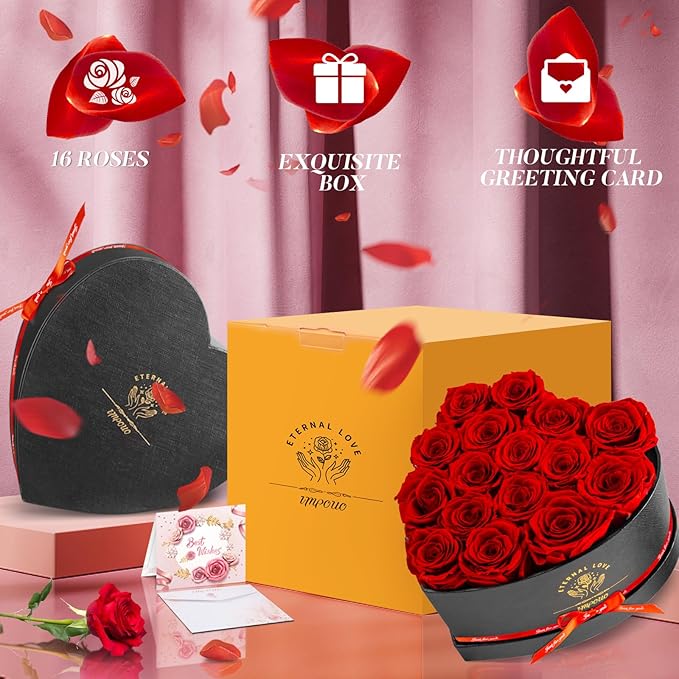 Impouo 16-Piece Preserved Rose Birthday Gifts for Women, Eternal Rose Preserved Flowers for Delivery Prime Mothers' Day, Valentine's Day, Christmas, Birthday - Red Roses