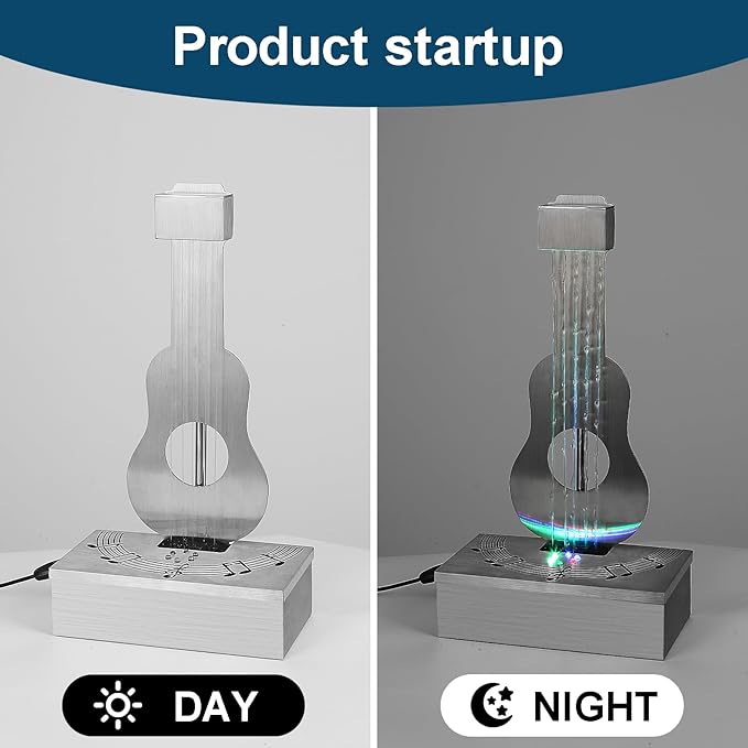 Pamopamo Indoor Tabletop Fountain with 3-Color LED Lights, 304 Stainless Steel Guitar-Shaped Desktop Meditation Waterfall for Home & Office Décor, Relaxing Water Feature Air-Purifying Gift