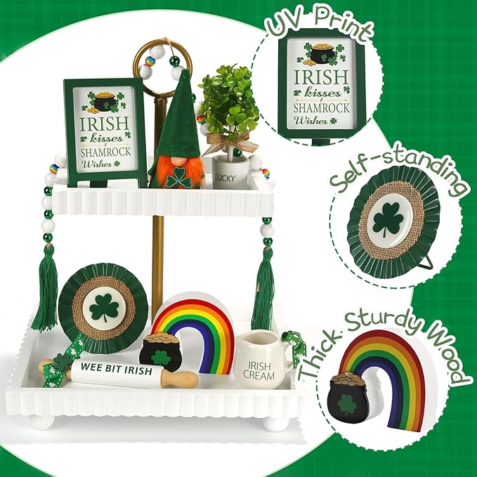 St Patrick's Day Decoration 8 PCS Tiered Tray Decor Set, Cute Tabletop Saint Patty's Day Décor for Home Shelf Mantel Office Table Coffee Bar Leprechaun Gnome Shamrock Irish Tray Objects