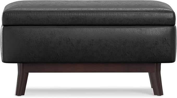 SIMPLIHOME Owen Small Rectangular Storage Ottoman - 36 inch Wide Upholstered Vegan Leather Lift-Top Ottoman in Distressed Black, Mid-Century Modern Ottoman for Living Room with Tufted Detail