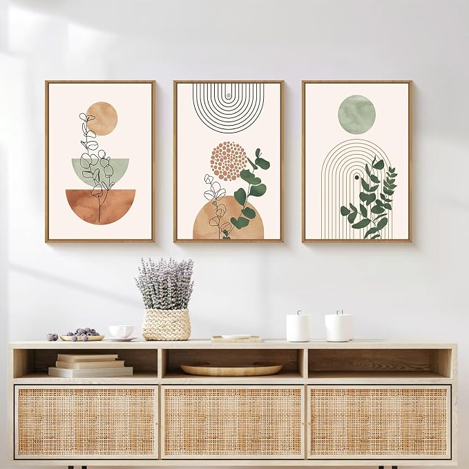 Ausril Boho Terracotta Green Framed Canvas Wall Art Set, Abstract Bohemian Wall Decor, Mid Century Modern Geometric Wall Painting, Neutral Botanical Art Print Living Room, Bedroom, Office 16"x24"x3
