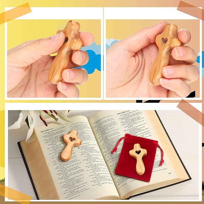 Bucherry 100 Set Olive Wood Cross My Heart Small Pocket Crosses with Bags and Prayer Cards Jesus Christian Holding Hand Crosses Bulk for Christmas Baptism First Communion Gift (Wood,2.36 Inches)
