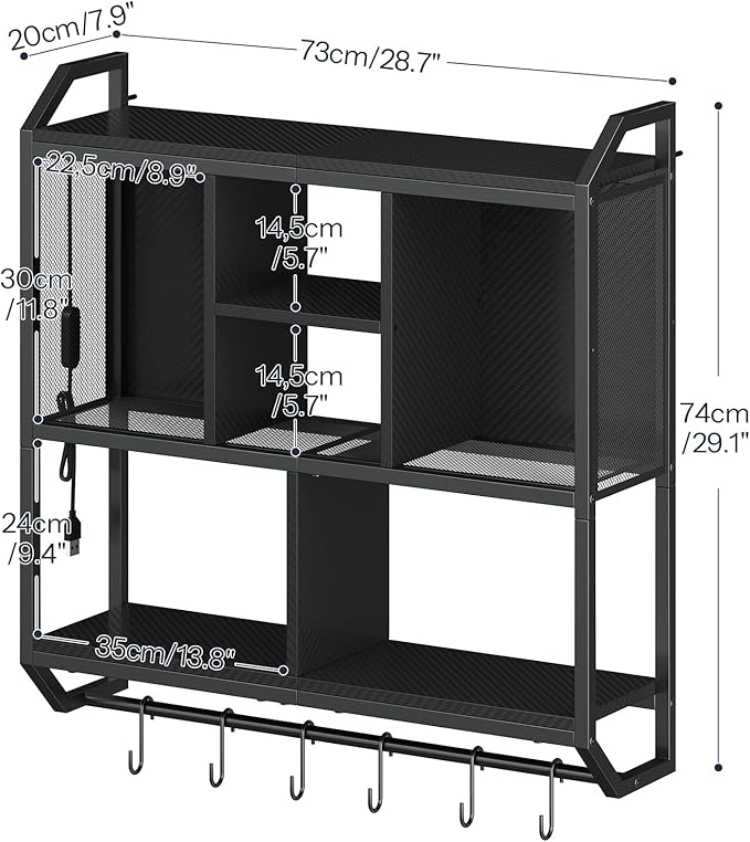 HOOBRO Gaming Floating Shelves with LED Lights, 28.7" LED Wall Mounted Shelf, 3-Tier Display Rack for Wall Storage, Floating Rack with Hanging Rod and 6 S-Hooks, for Gaming Room, Black BB70DBJ01