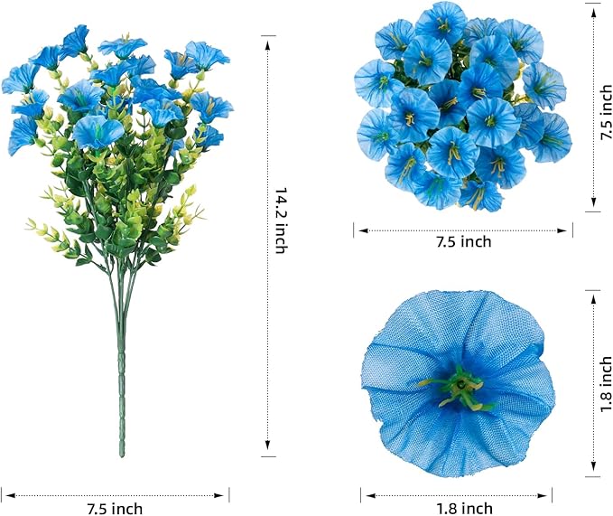 HyeFlora Artificial Fake Outdoor Flowers Plants for Spring Summer Decor, 12 Bundles Outside Silk Blue Morning Glory UV Resistant Look Real Faux Flowers for Front Door Patio Porch Yard Window Balcony