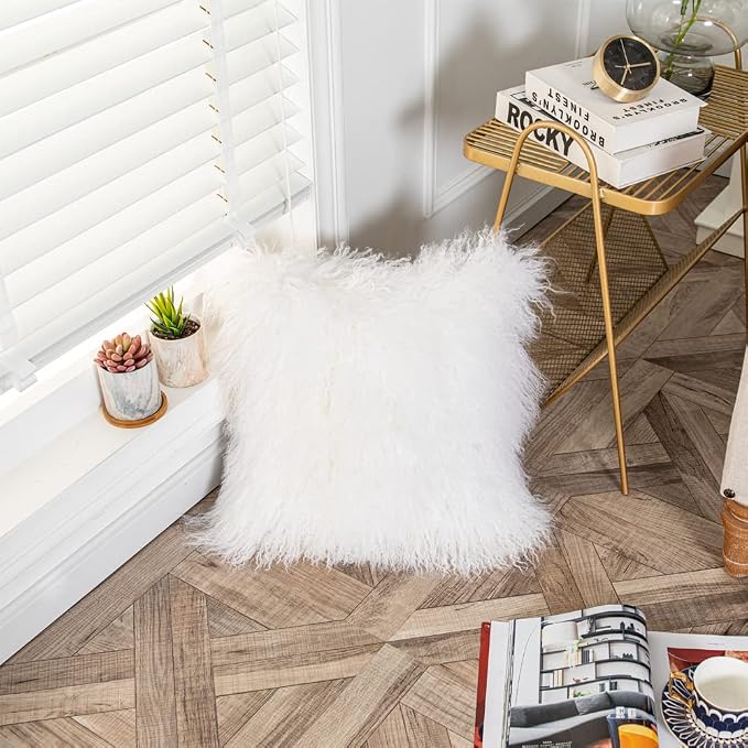 Mongolian Lamb Fur Throw Pillow Cover (16'' x 16'', White), Real Sheep Fur Decorative Cushion Cover Case Home Decorative Square Throw Pillow Cover Plain Wool Pillow Protector