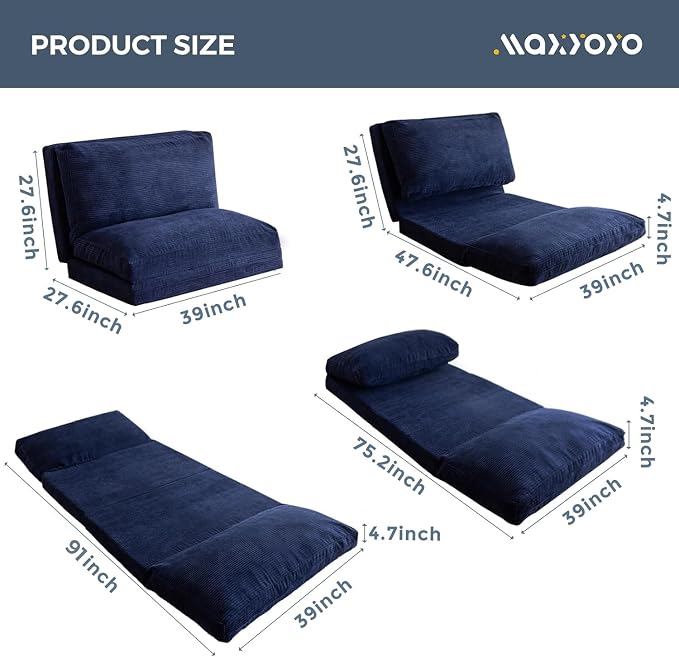 MAXYOYO Folding Sofa Bed, Extra Thick and Long Floor Sofa Convertible Chair with Washable Cover, Floor Couch Lounge Bean Bag Bed for Living Room, Navy, 39x91 Inch