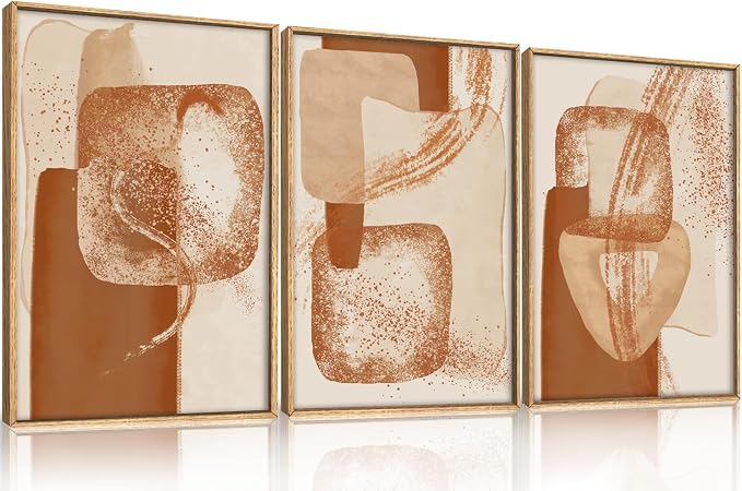 Large Neutral Abstract Orange Framed Canvas Wall Art Set,Modern Minimalist Block Wall Decor,Boho Beige Brown Geometric Artwork for Living Room,Bedroom,Dining Room,Office-24 x36 x3
