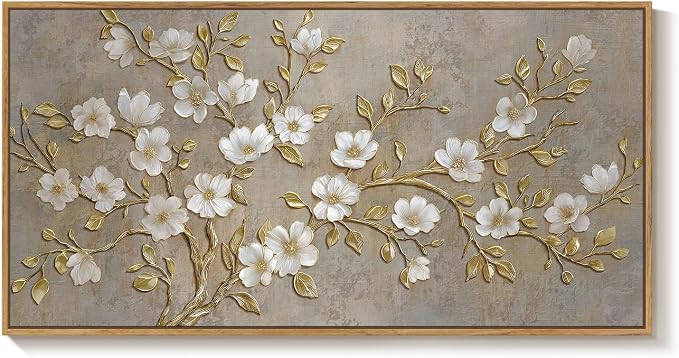 Large Framed Neutral Floral Wall Art for Living Room, Rustic Elegant Magnolia Botanical Canvas Prints Paintings, White Flower with Gold Branches Pictures for Dining Room Office Wall Decor, 60x30 Inch