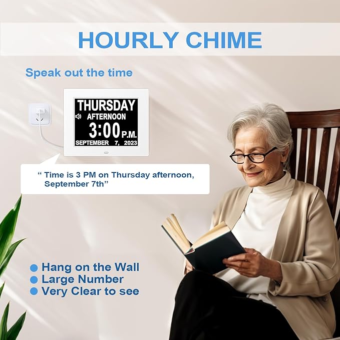 New 2026 Digital Calendar Alarm Day Clock, with 8" Large Screen Display, am pm, Multiple Alarms, for Impaired Vision People, The Aged Seniors, The Dementia, for Desk, Wall Mounted,White