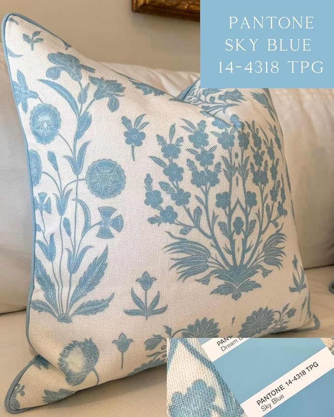 Jillien Harbor “The Charlotte” Bright Sky Blue Floral Block Print Pillow Cover – Off-White Decorative Throw Pillow Cover – Grandmillennial Home Decor, 20" x 20"