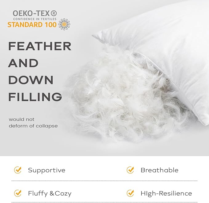 SAVORI Set of 2 Down and Feather Throw Pillow Inserts 24x24 Soft Fluffy Pillow Inserts with 100% Down-Proof Cotton Cover, Decorative Square Cushion Inner for Sofa Couch Bed-White