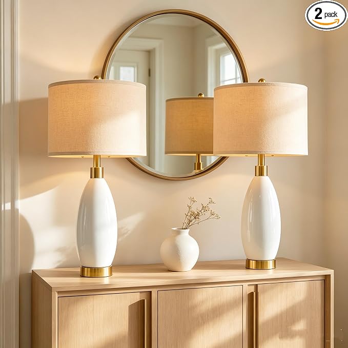 USumkky 24" White Oval Ceramic Table Lamp Set of 2, Modern Minimalist Bedside Nightstand Lamps for Bedroom Living Room, Linen Shade & Gold Metal Base, Rotary Switch E26 (Bulbs Excluded)