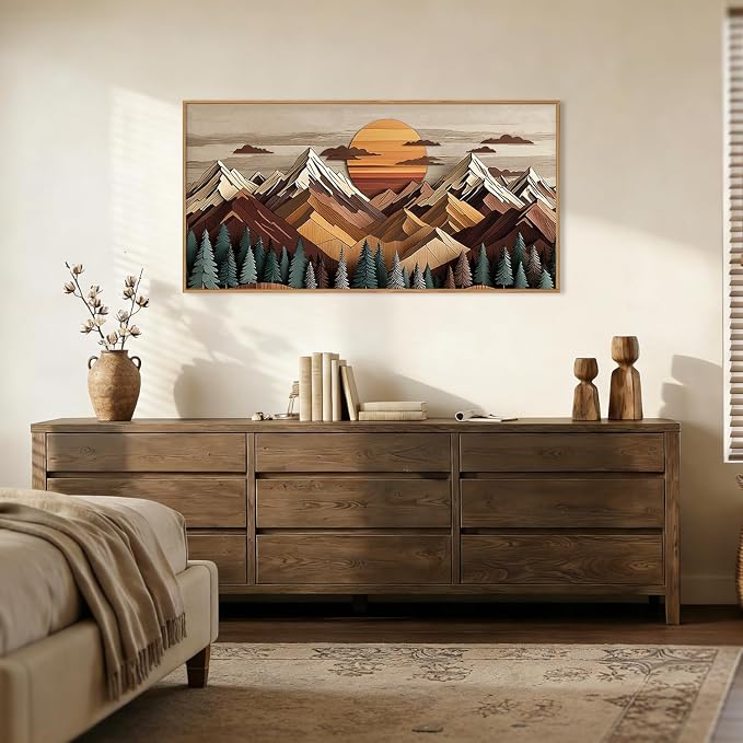 KAIRNE Woodcut Style Mountain Framed Canvas Wall Art Set,Wooden Pine Tree Wall Decor,Vintage Forest Landscape Art Prints,Nature Sunrise Artwork for Living Room,Bedroom,Farmhouse,Office-40 x20 x1