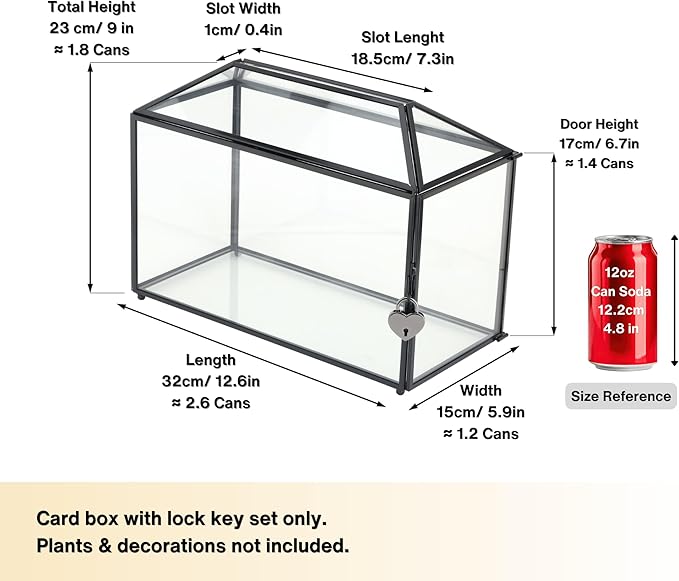 NCYP 12.6" x 5.9" x 9" Wedding Glass Card Box with Slot and Lock for Wishing Well, Keepsake, Envelope - Birthday Party Reception Decor, Black (Glass Box Only) Slot Length 7.3 Inches