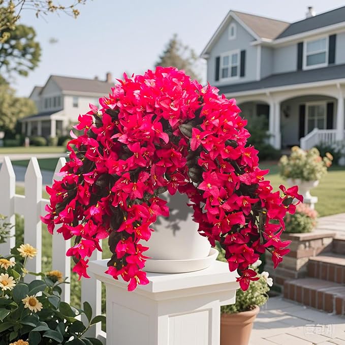 Grunyia Artificial Bougainvillea Flowers – 4 Pcs UV Resistant Fake Flowers with Silk Petals, Realistic Trailing Plants for Outdoor Indoor Wall Garden Home Wedding Decor (Hot Pink) (Rose Red)