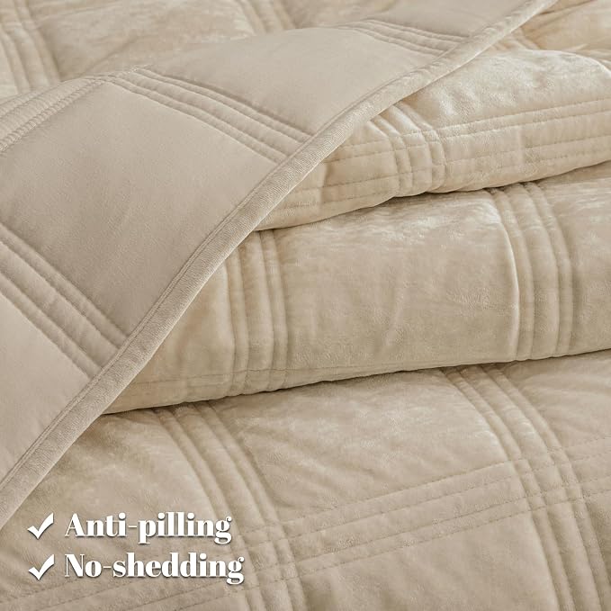 PHF Ultra Soft Velvet Quilt Set Twin Size – 2PCS Luxurious Cozy Quilted Comforter Alternative with Diamond Pattern, Warm Quilted Bedspread Coverlet, 68" x 92", Oxford Tan