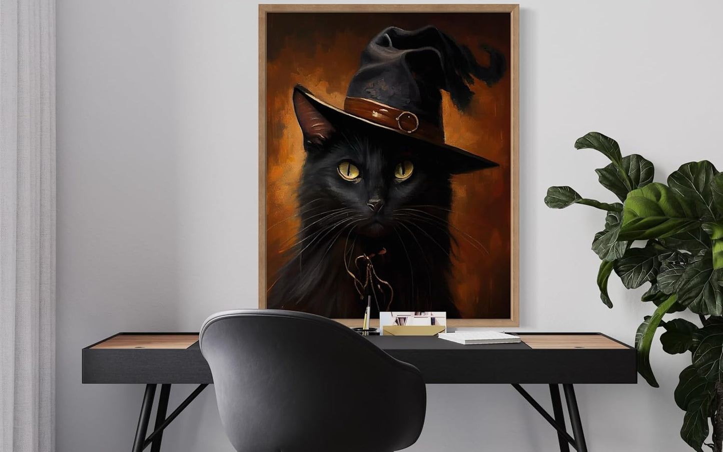 Witch Cat Poster Art Print, Halloween Scary Vintage Wall Art Academia Spooky Painting Decoration for Horror Prints, Gothic Posters Bedroom Decor 89 (Witch Cat, 11 x 14 inches, Wood Frame)