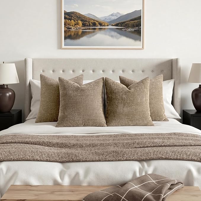 MIULEE Pack of 4 Decorative Throw Pillow Covers 18x18 Inch Taupe Chenille Textured Throw Pillows Boho Farmhouse Accent Cushion Covers for Modern Home Decor Couch Sofa Bed Living Room