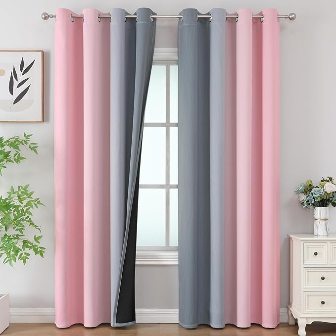 Ombre Pink and Gray Blackout Curtains 96 Inches Long, Full Room Darkening Curtains for Bedroom, Grommet Thermal Insulated Gradient Drapes, Full Light Blocking Curtains 2 Panels,52x96 Inch