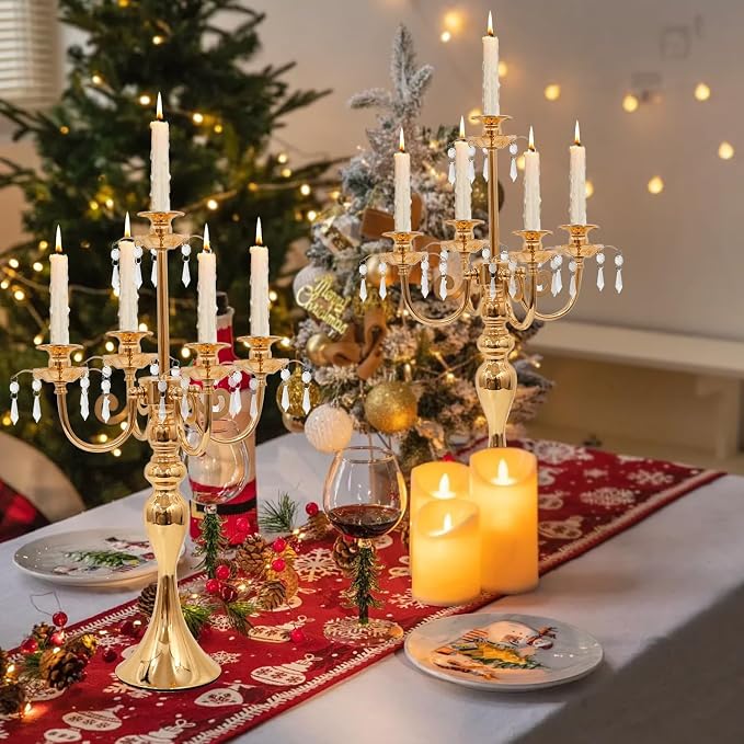 5 Arm Black Candelabra Centerpiece for Table, 20.3” Tall Metal Candlestick Candle Holder for Taper Candles, Gothic centerpieces for Tables, Wedding, Party, Reception (Gold, 2pcs)