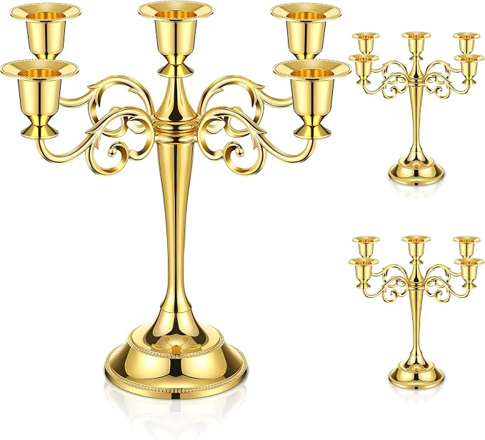Dandat 3 Pcs 5 Arm Metal Candelabra 10.24 Inch Tall Candlestick Holders Gothic Candle Holder for Home Wedding Church Halloween Theme Party Table Centerpieces(Gold)