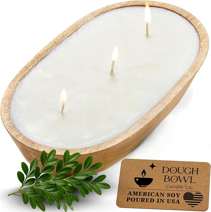 Dough Bowl Candle Co. Large Candle in English Garden - 6x10 20 Oz. Big Aromatherapy Decor, Rustic Centerpiece for Home Decoration, Wooden Candle Bowl for Coffee Table, Multi Wick Doughbowl Boat