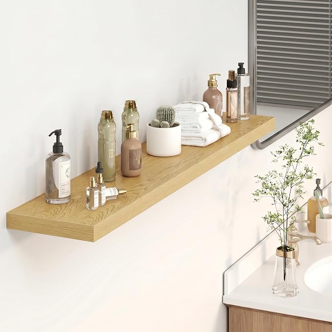 Heimlove Floating Shelves for Wall 48 Inches Long,9.3" Deep Oak Floating Shelf Set of 2,Wall Mounted Wood Shelves for Bathroom Bedroom Living Room Kitchen Office,Shelf for Books Storage Room Decor