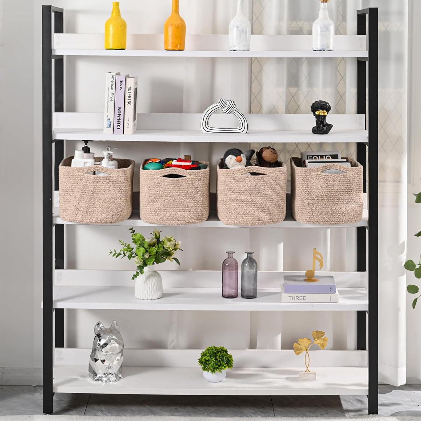 Storage Baskets for Organizing & Shelves, Woven Cotton Rope Organization Bins for Dog Toys, Clothes, Books, Nursery Organizer, 15" Lx11''Wx9.5''H, (4 Packs) Brown