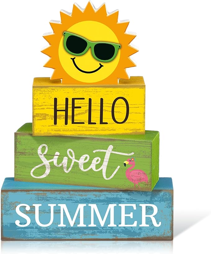 Yuntau 4 Pcs Summer Wooden Tabletop Decor Hello Sweet Summer Tiered Tray Decor Sunshine Centerpiece Rustic Summertime Decorative Block Signs Gift Farmhouse Table Decoration for Home Kitchen