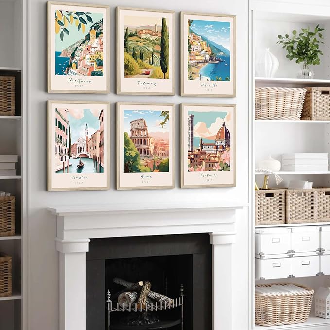 Italian Italy Wall Art Decor Amalfi Coast Travel Poster Italy City Canvas Wall Art Vintage Landscape Beach Painting Artwork Modern for Bedroom Living Room 8x10 Prints Wood Framed Set of 6