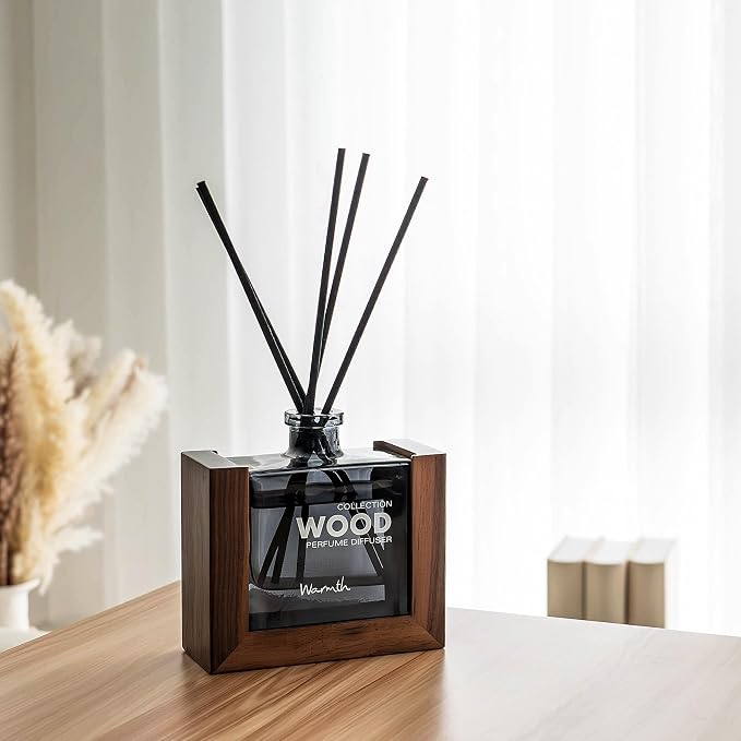 Luxury Reed Diffuser for Home Set with Scented Sticks and Essential Oil Refill in Glass Bottle, Decorative Wooden Frame – Warmth Fragrance for Bedroom Bathroom Office (5.6oz)