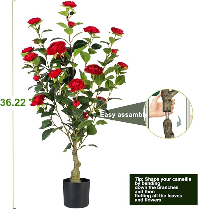 Artificial Camellia Tree 2 Pack, 3FT Faux Camellia Plant in Pot, 36 inch Fake Potted Camellia Flower Tree Plastic Camellia Tree for Modern Home Office Christmas Living Room Floor Decor Indoor, Red