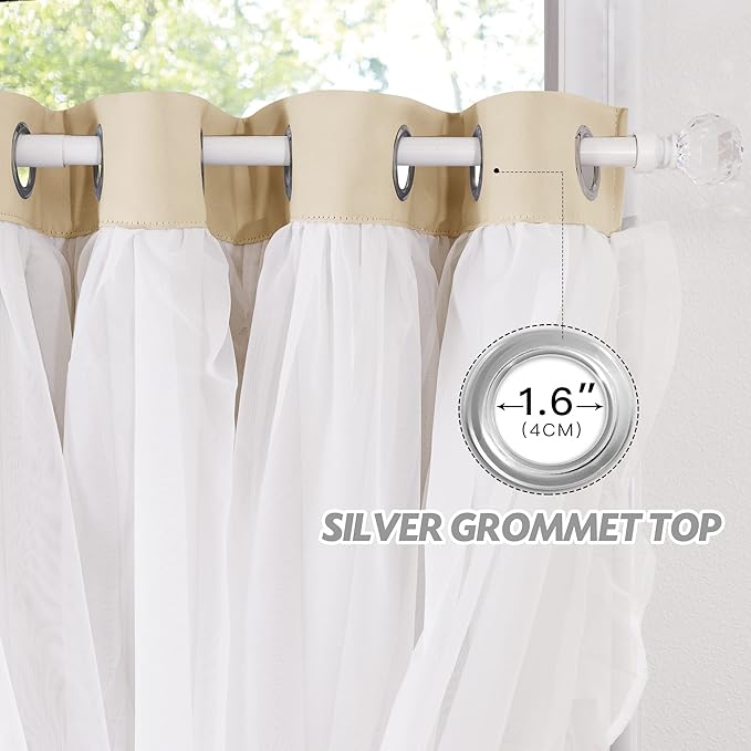 PONY DANCE Girls Curtains for Bedroom Decorative Drapes for Kids Double Layer Curtain Ruffle Sheer Overlay Room Darkening Pretty Chic Princess, 52x84 inch, Biscotti Beige, 2 PCs