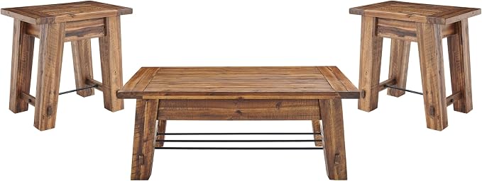 Alaterre Furniture Durango Solid Wood Coffee Table Set of 3, Rustic | Living Room Table Set Include 48-Inch Coffee Table and 2 27-Inch End Tables with Sturdy Metal Accents and Storage Shelf