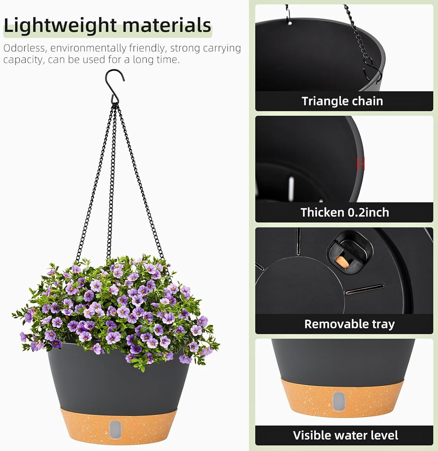 QCQHDU 2 Pack Hanging Planters for Indoor Outdoor Plants, 8 Inch Hanging Baskets Flower Pots with Reservoir Tray & Visible Water-Level