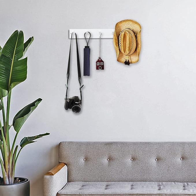 Wooden Coat Rack 2Pcs, 16'' Hole to Hole Wooden Wall-Mounted Coat Hooks, 5 Pegs Bamboo Wall Hooks for Hanging Towels, Hats, Robes, Clothes, Keys, White